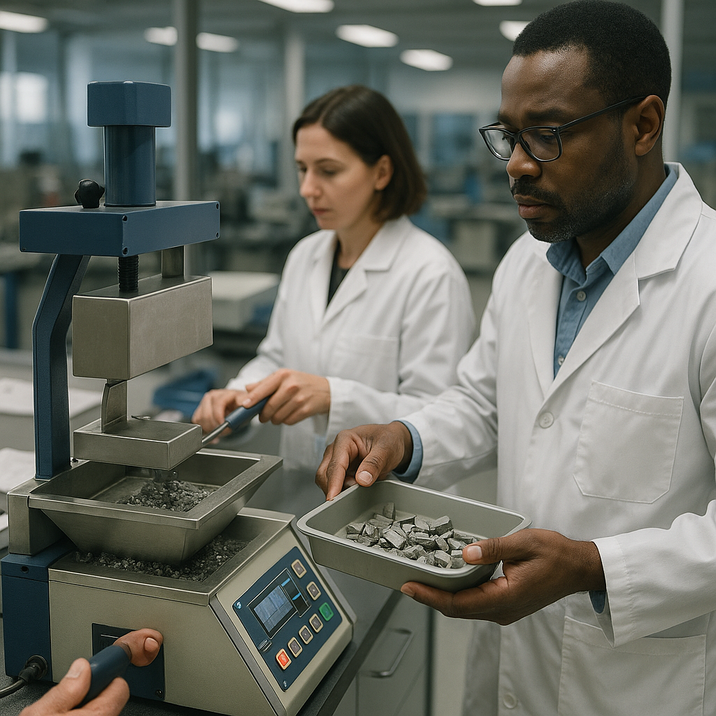 Laboratory scene featuring scientists using magnet separation machines to extract metallic parts.
