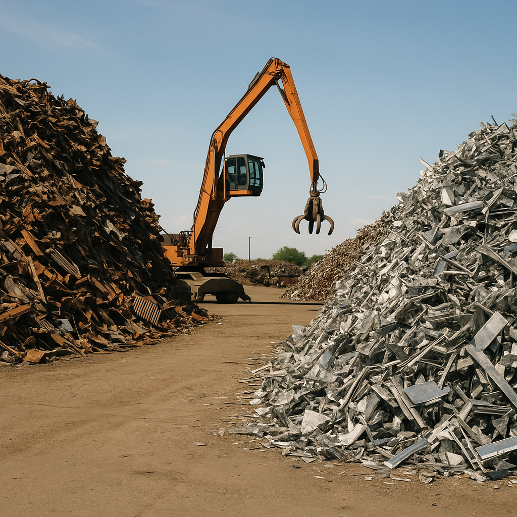 Large scrap metal recycling yard with organized piles of steel and aluminum, featuring an industrial crane in the background under clear daylight.