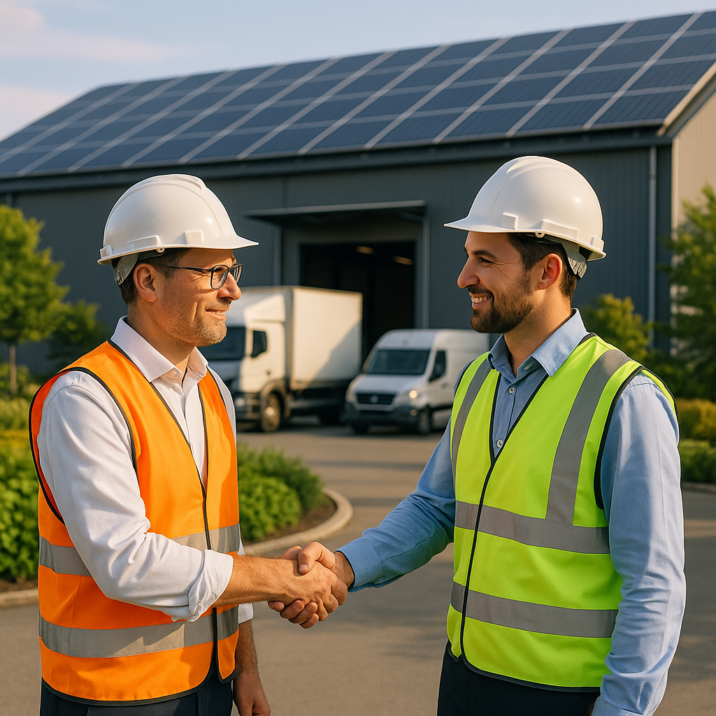 Logistics managers shaking hands in front of an eco-friendly warehouse with solar panels and green landscaping.