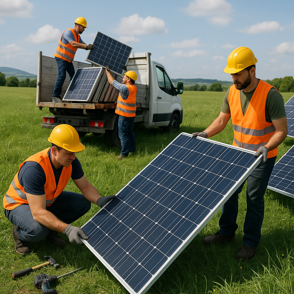 Sustainability in Action: Solar Panel Installation and Recycling A lush green field with solar panels being installed and old panels loaded onto a truck for recycling under a bright sky, symbolizing sustainability.