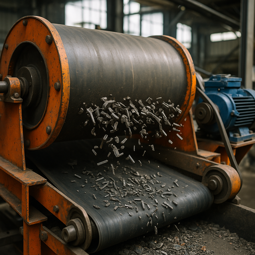 Magnetic Drum Separator in Action Close-up of a magnetic drum separator lifting metal fragments from a conveyor belt in a recycling facility.