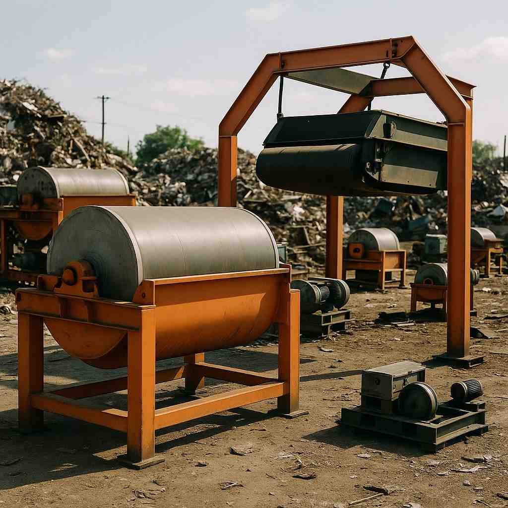 Industrial magnetic separator machines are placed in an outdoor scrapyard in Dallas, TX
