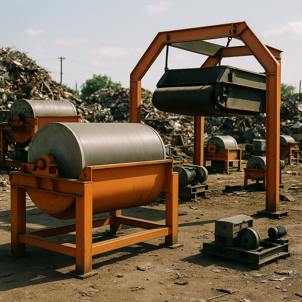 A variety of large and small magnetic separator machines, including drum magnets and overband conveyors, lined up in a scrapyard under daylight.