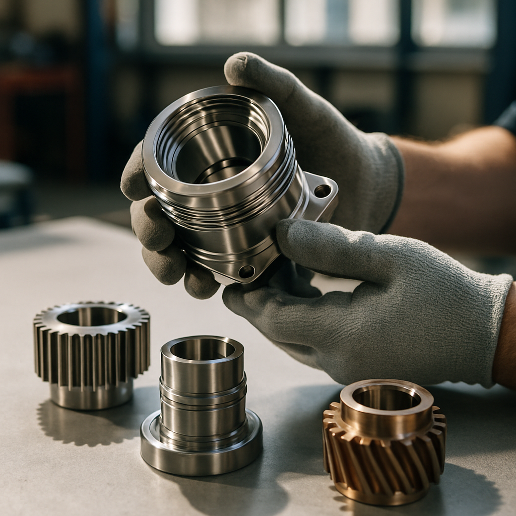 Close-up of hands inspecting high-quality mechanical parts on a clean workbench, featuring stainless steel and copper components.