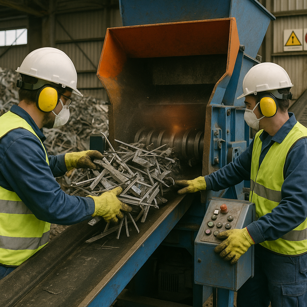 Loading Metal Scrap into Industrial Shredder Workers supervising metal scrap being loaded into an industrial shredder at a recycling facility.