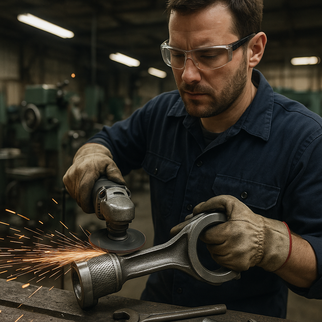 Metalworker at Work on Piston Rod Metalworker grinding and polishing a piston rod in a machine shop, with sparks flying and detailed focus on the rod.