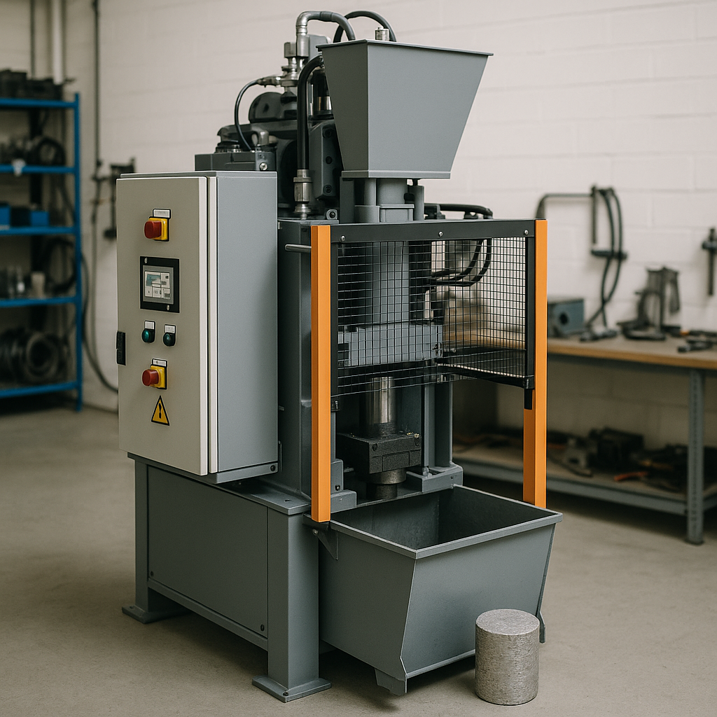 Close-up of a modern aluminum briquetting press showing control panel and safety guards in a clean industrial workshop.