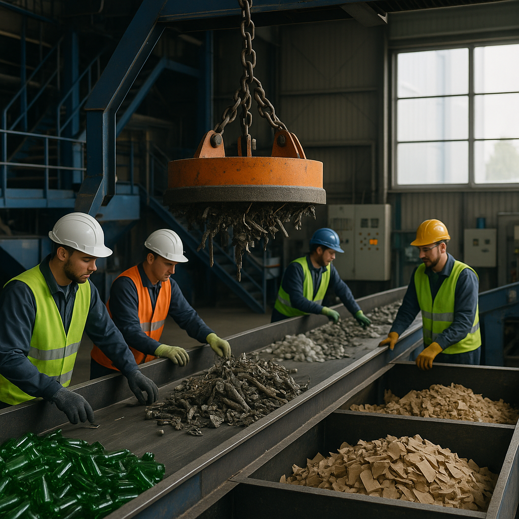 Modern Recycling Facility with Overband Magnet Modern recycling facility with an overband magnet lifting metal from a conveyor, showcasing clean separated materials and teamwork.
