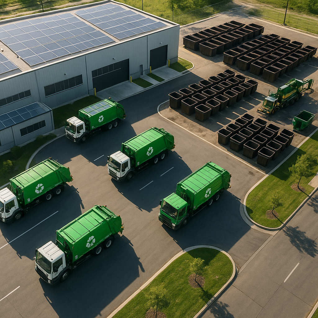 Aerial view of a modern waste management facility featuring recycling trucks, solar panels, compost bins, and processing equipment.