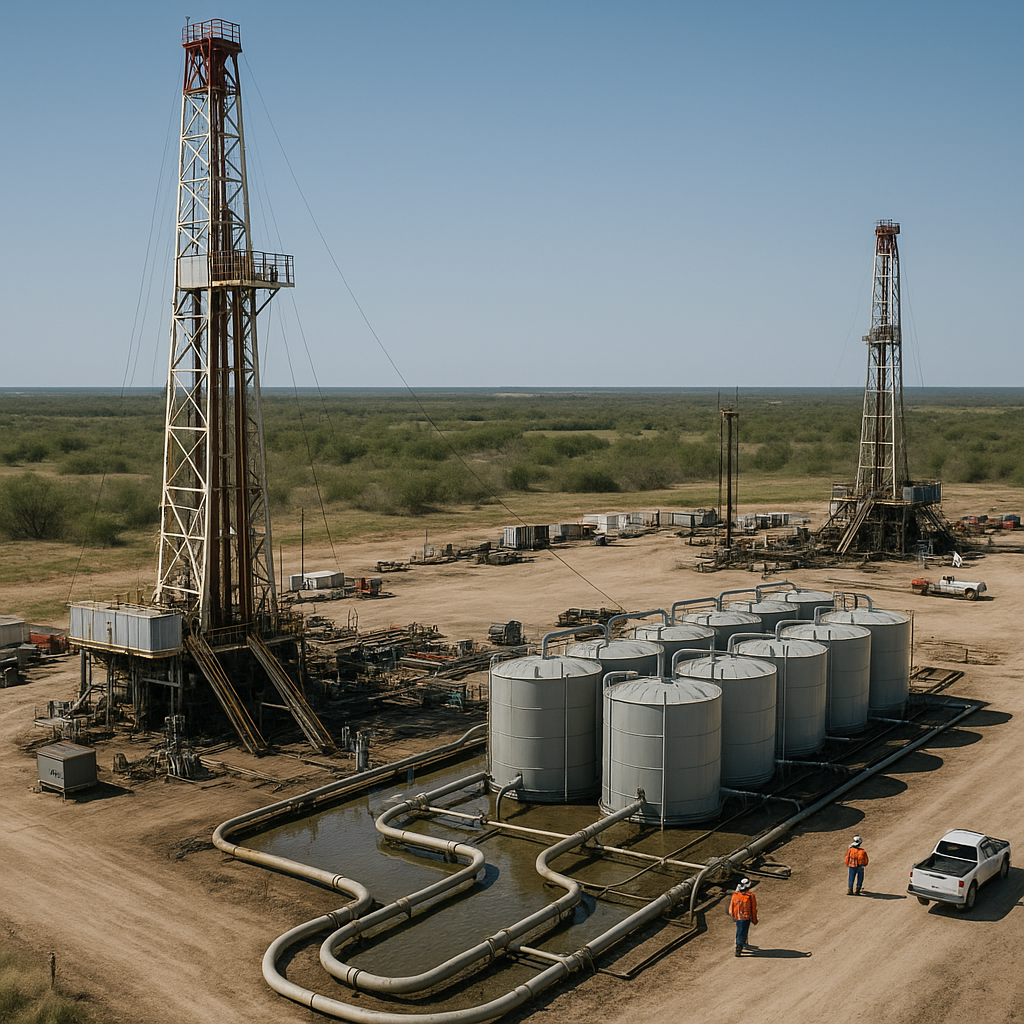 Aerial view of oil drilling rigs in the Eagle Ford Shale region with wastewater tanks and pipelines, featuring workers in safety gear under a clear sky.