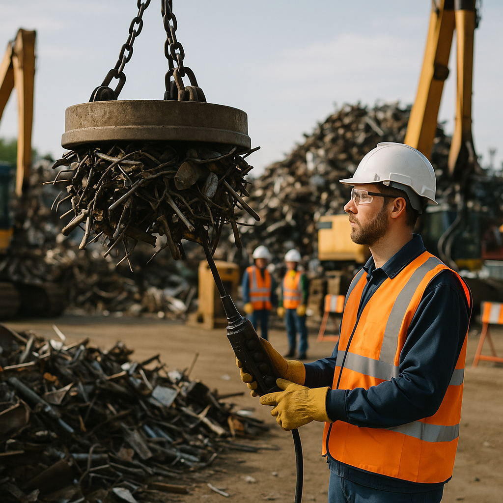 Worker operating an overhead crane with a large industrial magnet lifting scrap metal in a busy recycling yard, with everyone wearing safety gear.