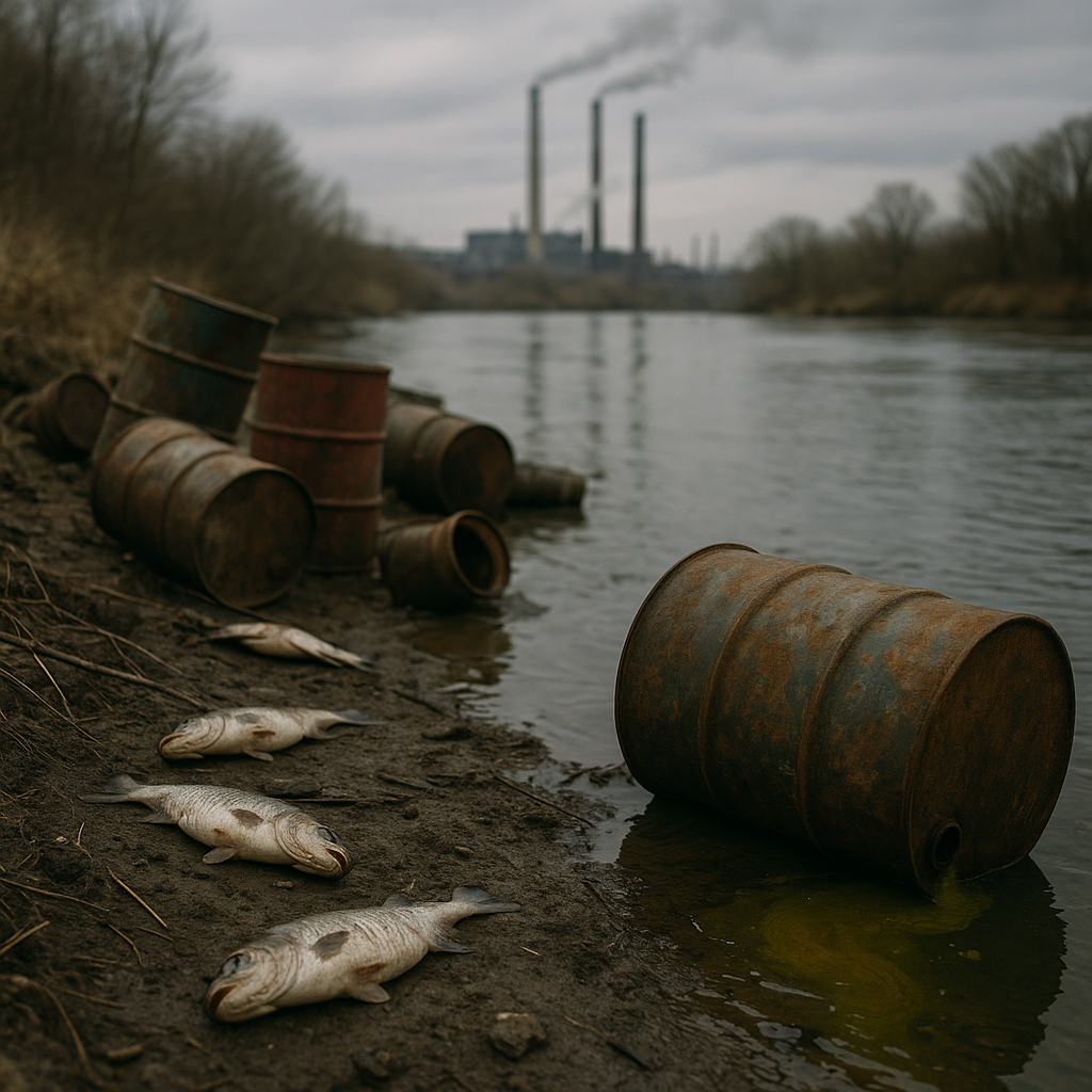 Pollution in the River Polluted river with industrial barrels leaking chemicals and dead fish on the shore under an overcast sky, with smokestacks visible in the background.