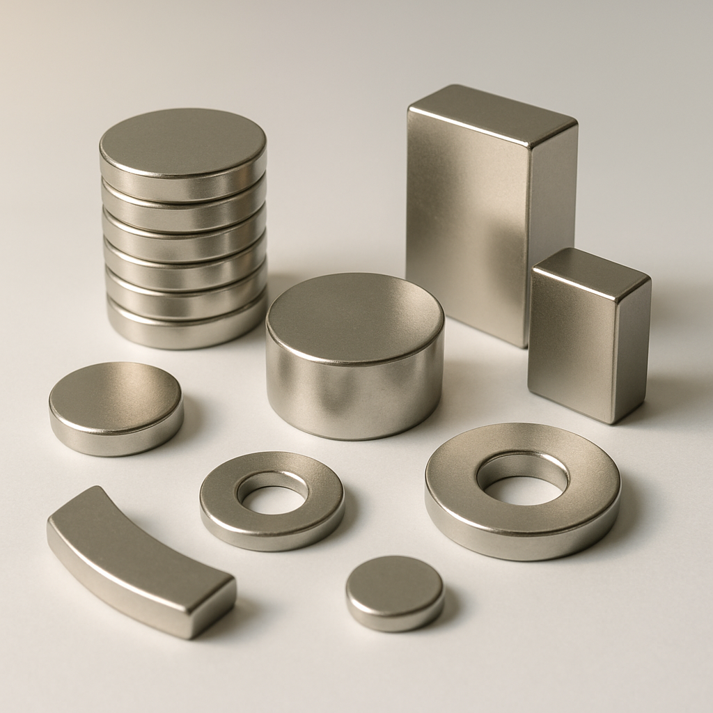 Close-up of neatly arranged rare earth magnets of different shapes and sizes on a clean white background.