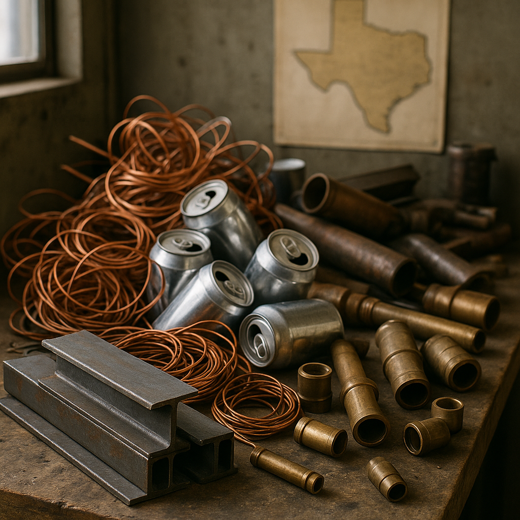 Variety of recyclable metal objects such as aluminum cans, copper wires, steel beams, and brass pipes arranged on a workbench with a Texas state outline map in the background.