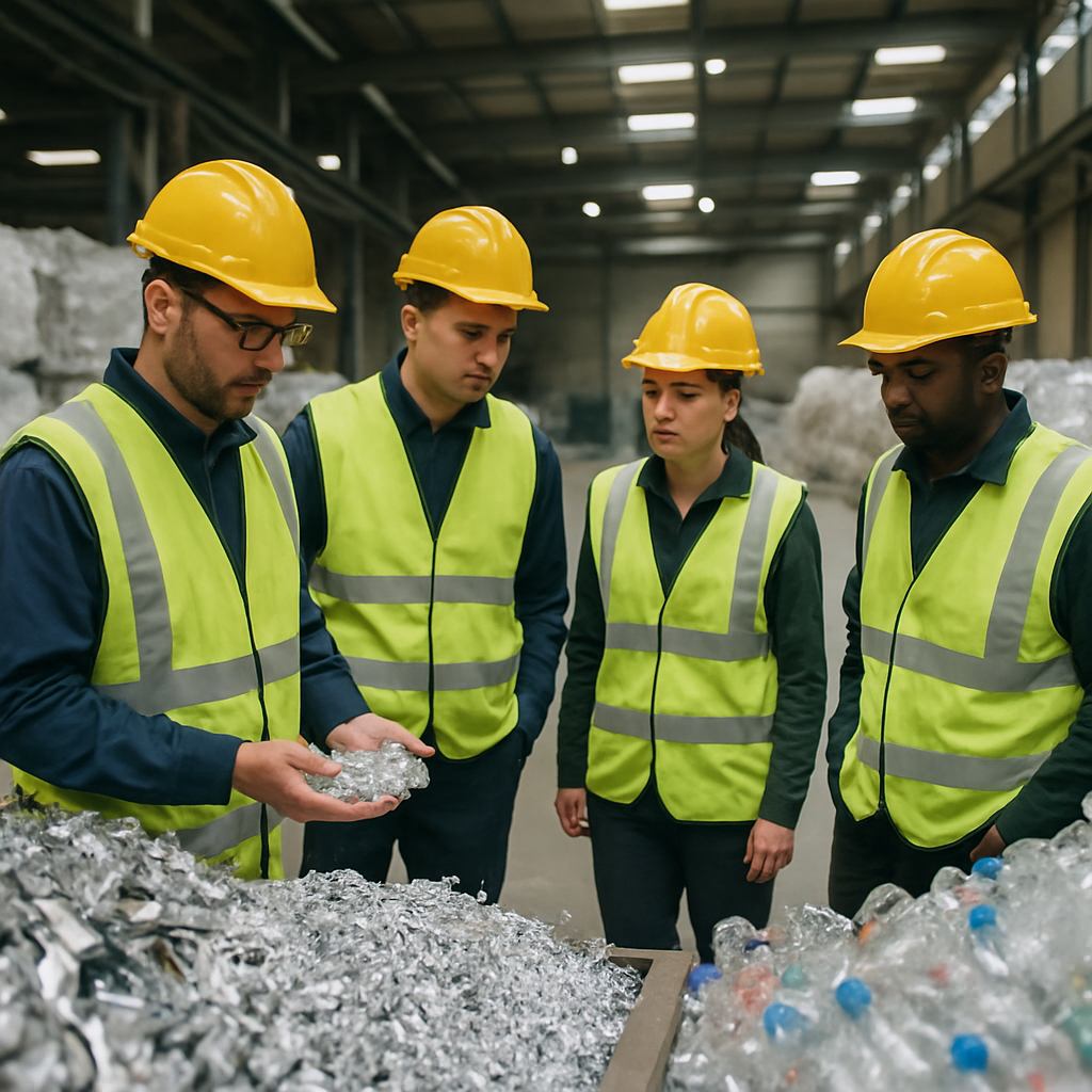 Recycling Plant Workers in Organized Facility Workers at a recycling plant observing sorted piles of pure separated metal and clean materials in an organized and efficient environment.
