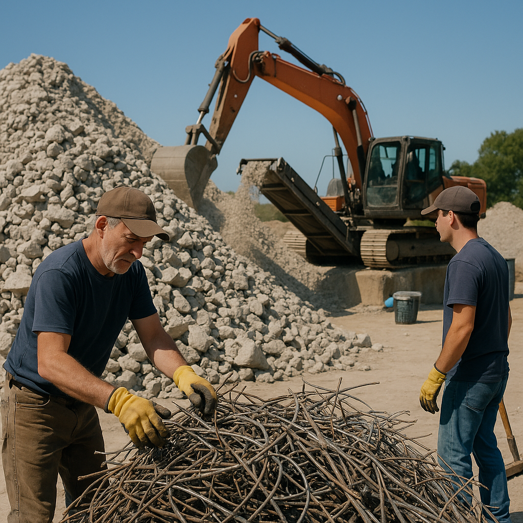 Resource Recovery at the Recycling Center Piles of crushed concrete and sorted metal being repurposed at a recycling center under a clear blue sky, demonstrating resource recovery.