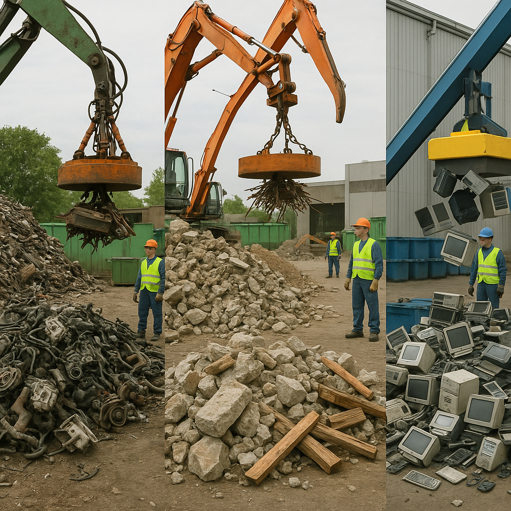 Recycling Operations in Various Industries A collection of recycling operations showcasing automotive scrap yard, construction debris site, and electronics recycling center, featuring visible magnetic separation machines.
