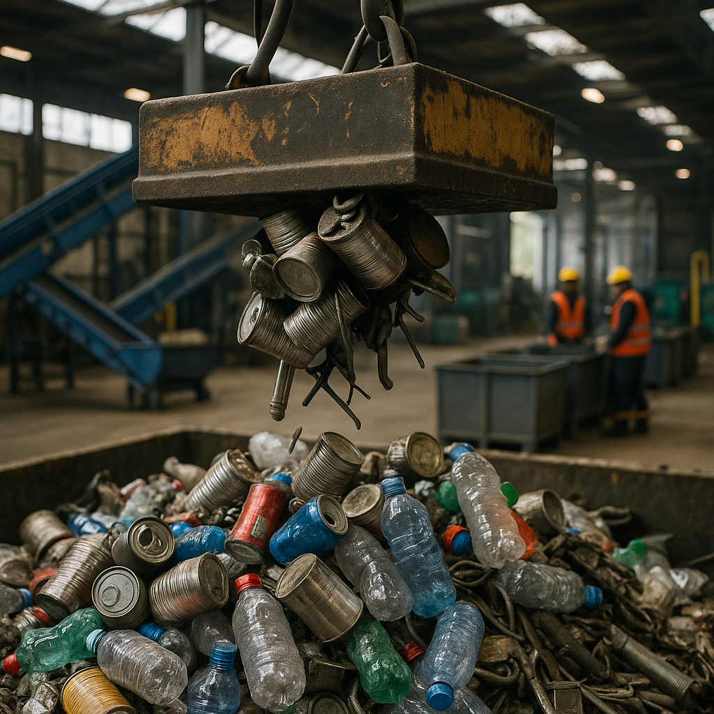 Recycling Plant - Sorting Mixed Recyclables A pile of mixed recyclable materials including steel cans, aluminum, plastic bottles, and scrap metal being sorted by a magnetic separator in a recycling plant.