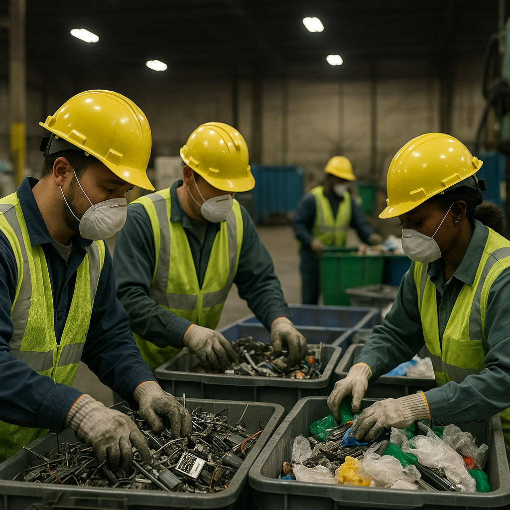 Sorted piles of metal, electronics, and plastic materials inside a spacious recycling warehouse with workers in protective gear.