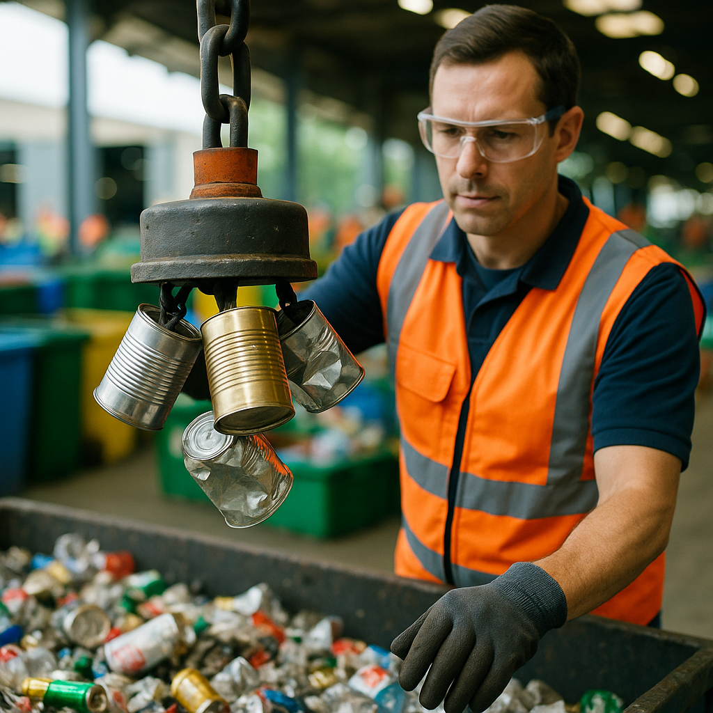 A worker separating metal cans from mixed recycling materials using a powerful magnet in a busy recycling center.