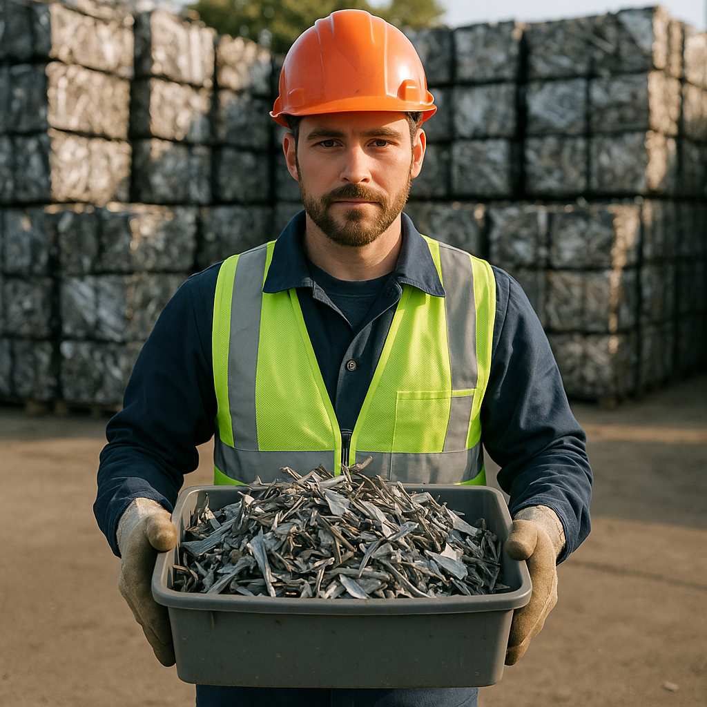 Worker Handling Sorted Metal Scraps in Recycling Facility Worker in safety gear holding a bin filled with sorted metal scraps at a recycling facility with stacks of recycled metal bales in the background.