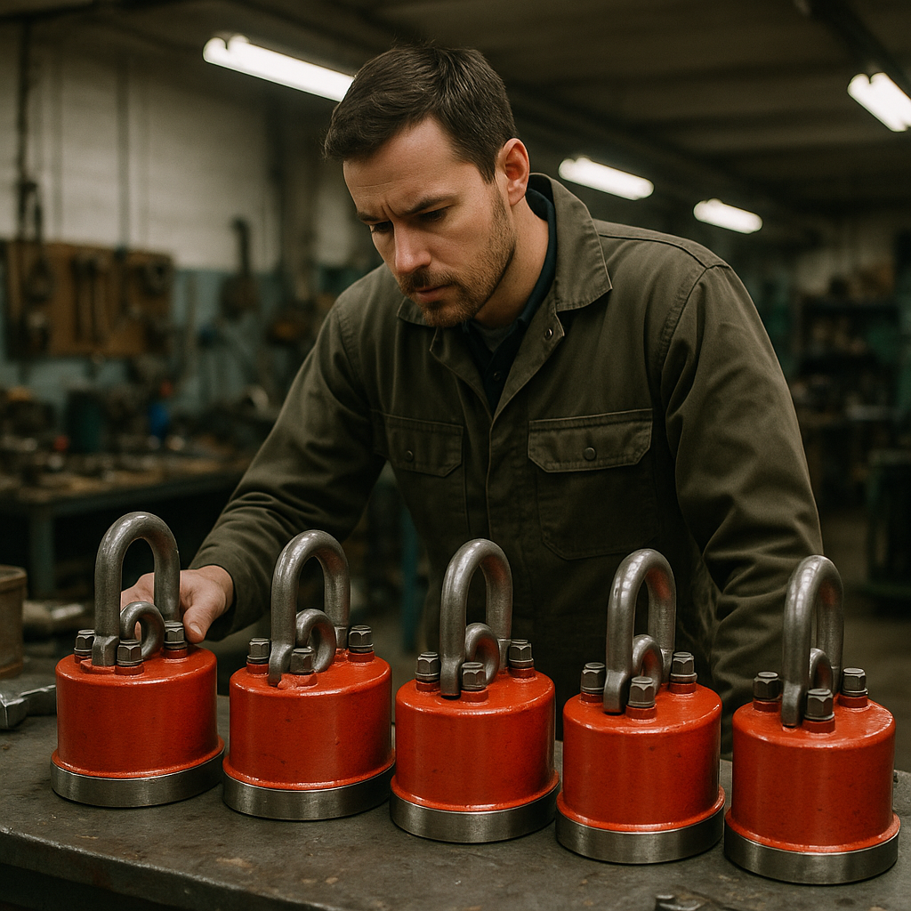 Inspection of Restored Industrial Magnets Engineer examining restored industrial magnets on a worktable with repaired units lined up for reuse in a workshop.
