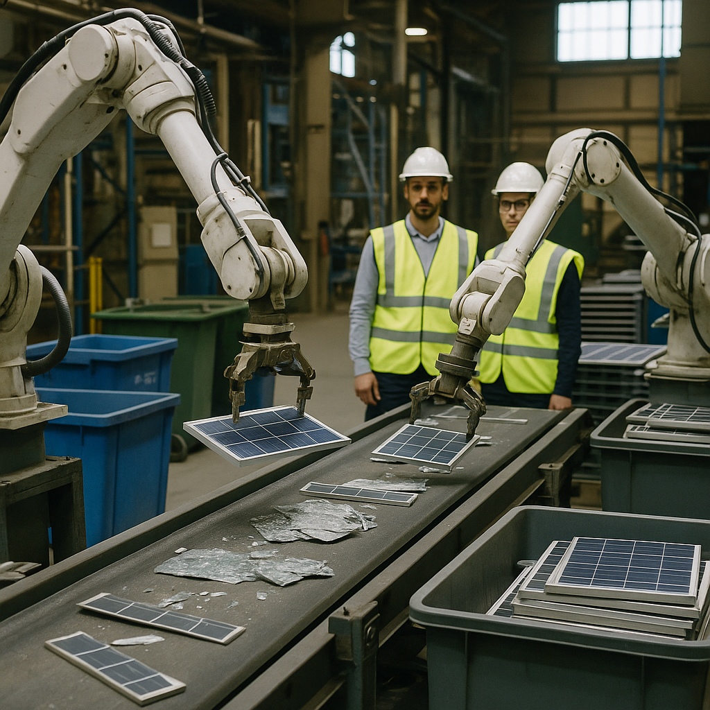 Robotic Arms in Solar Panel Recycling Robotic arms and conveyor belts sorting and processing solar panel parts in a modern recycling plant, supervised by engineers in high-visibility vests.