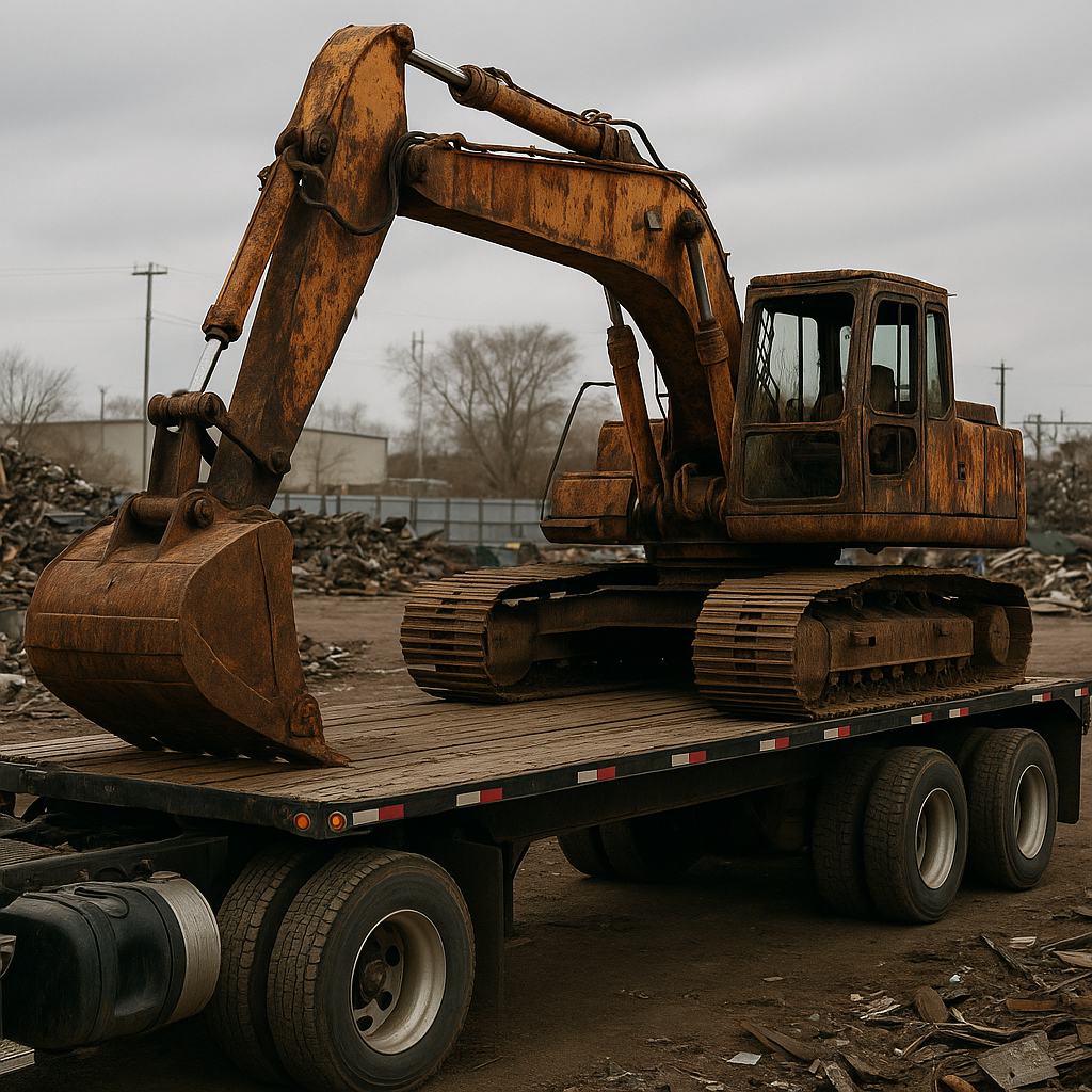 Rusty Heavy Machinery at Scrapyard Rusty heavy machinery loaded onto a flatbed truck for removal at a scrapyard under an overcast sky.