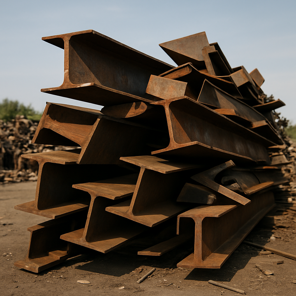 Rusty Steel Beams in Scrapyard A pile of large, rusty steel beams and metal scrap stacked outdoors in a scrapyard under a clear sky.