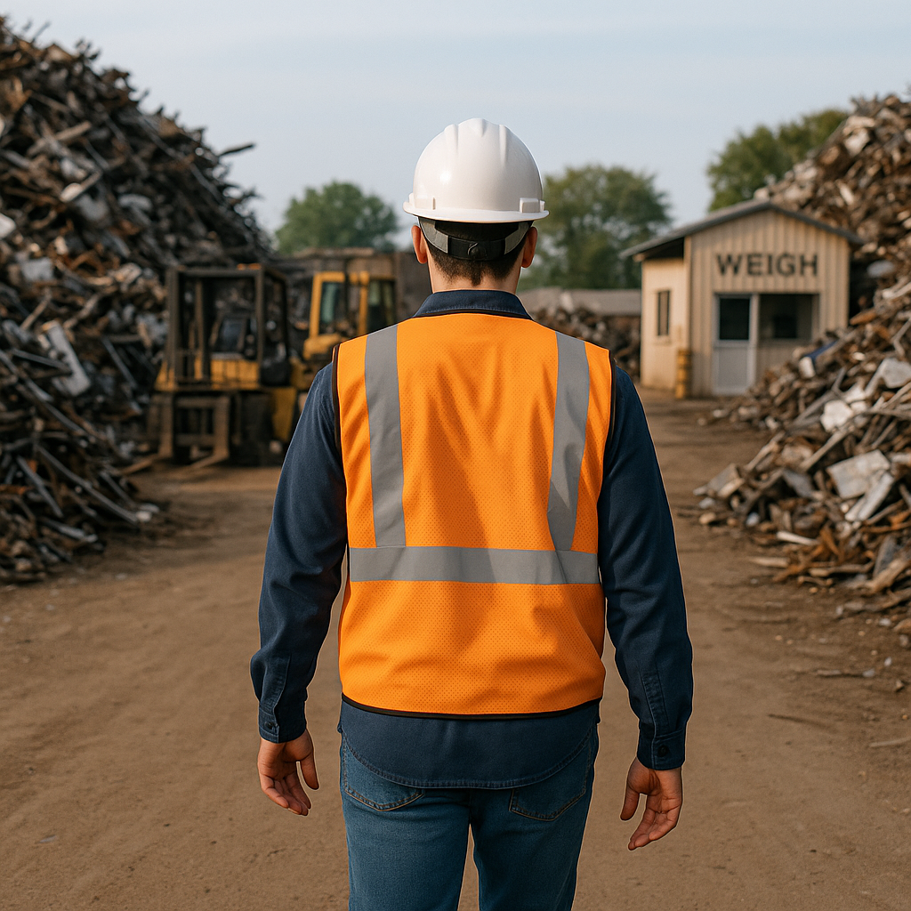 Worker in Safety Vest at Scrap Yard Person wearing safety vest walking through an organized scrap yard with metal piles, forklifts, and weigh station visible.