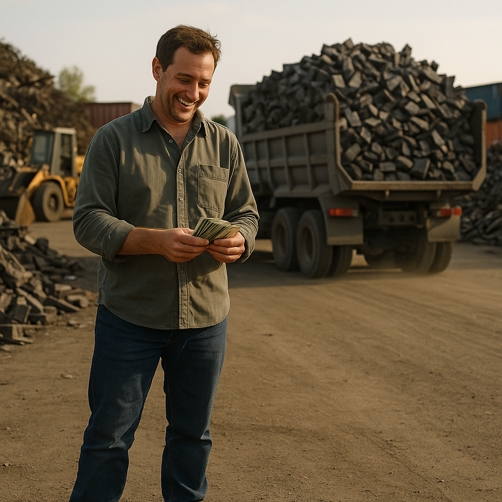 Satisfied Seller Counting Cash Payment A satisfied seller counting cash payment while a loaded manganese steel scrap truck leaves the yard, portraying a feeling of a successful deal.