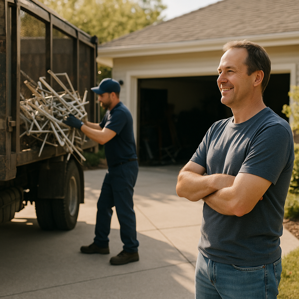 Homeowner Watching Scrap Metal Loading Satisfied homeowner watching scrap metal being loaded onto a truck on a clean driveway during a sunlit afternoon.