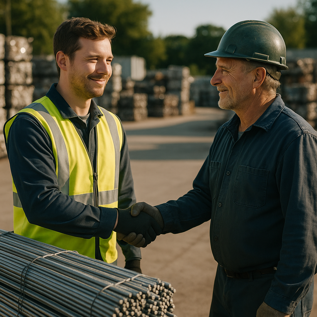 Satisfied worker shaking hands with recycler in a clean scrap yard beside neatly bundled steel ready for transport.