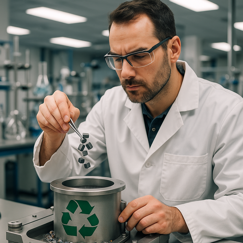 Scientist in a modern lab handling magnets with tweezers over recycling equipment, surrounded by glassware and machinery.