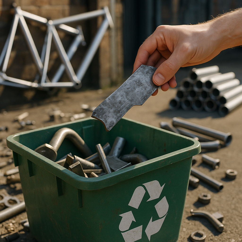 Transformation Through Recycling A hand placing a piece of scrap metal into a recycling bin, with finished metal products like bicycle frames and pipes in the background, symbolizing transformation.