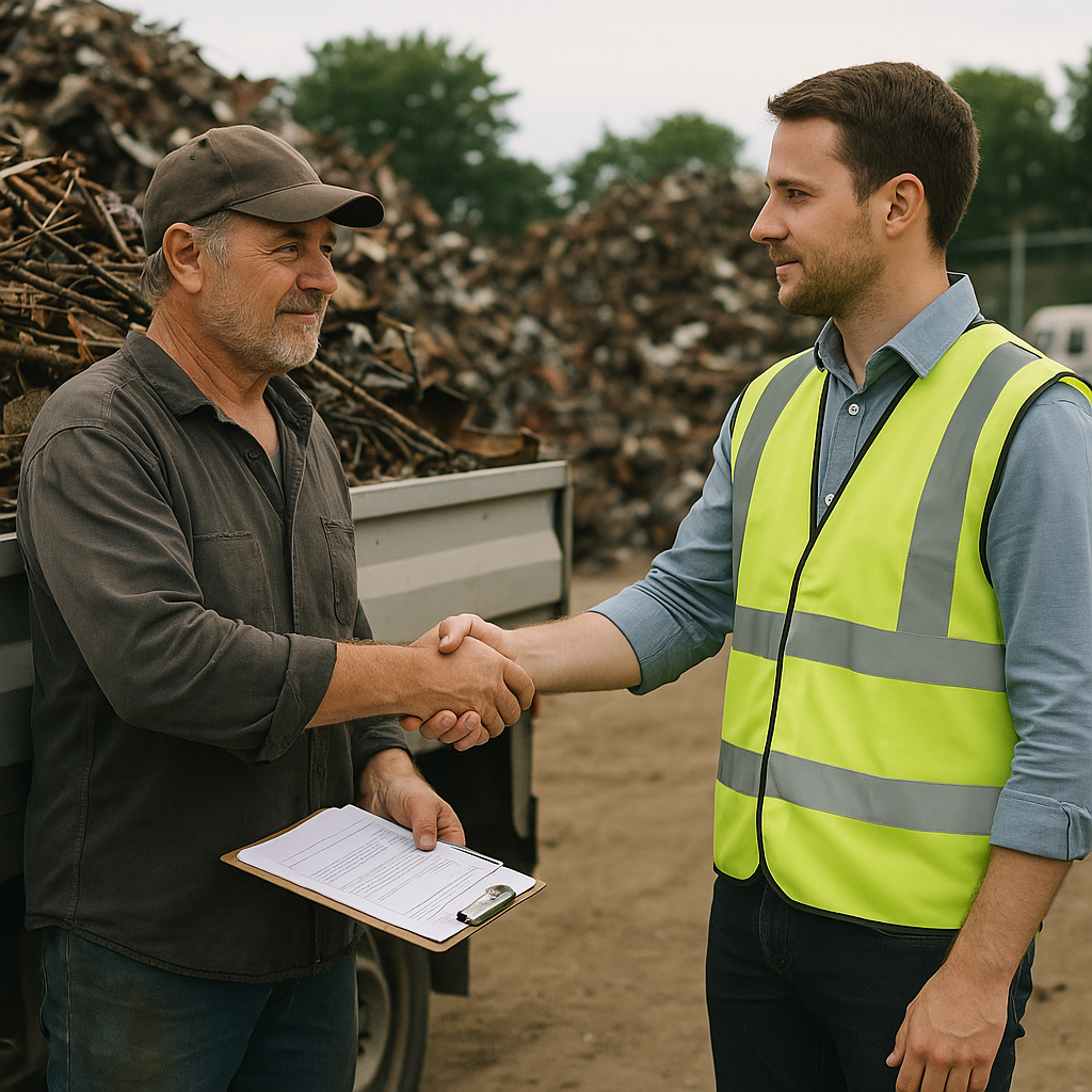 Handshake at the Scrapyard A scrap metal seller shaking hands with a professional buyer in a safety vest beside a loaded truck at a scrapyard, with paperwork on a clipboard.