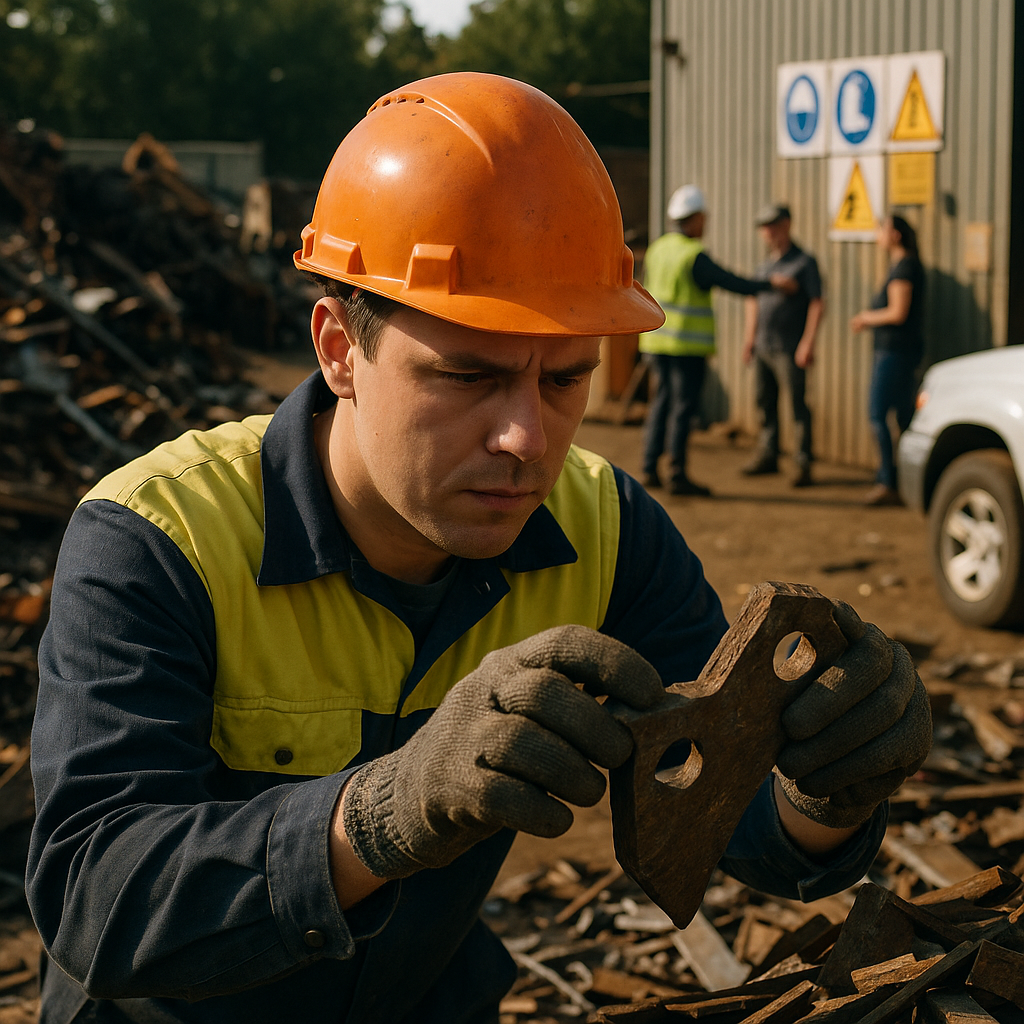 Inspection at Scrap Yard Person wearing gloves and safety helmet inspecting metal pieces at a busy scrap yard with staff guiding customers and visible safety signs