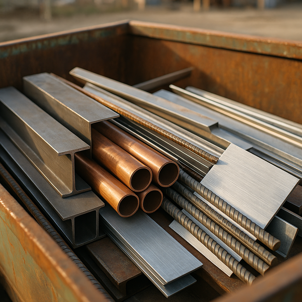 Close-up of Scrap Metal in Construction Dumpster Close-up of various scrap metal pieces including steel beams, copper pipes, aluminum sheets, and rebar in a construction dumpster.