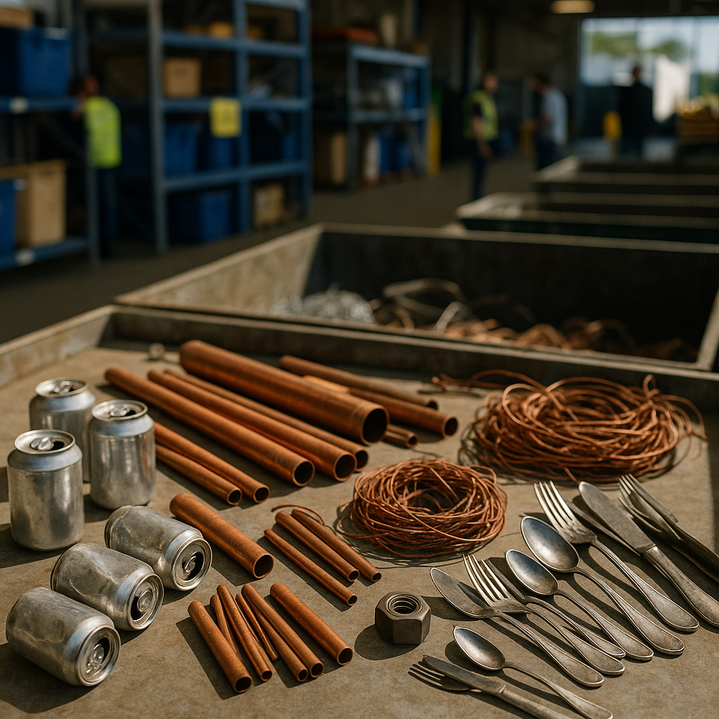 Variety of Scrap Metal at Recycling Center A variety of scrap metal objects including aluminum cans, copper pipes, steel utensils, and old wires arranged neatly on a sorting table at a recycling center under bright daylight.