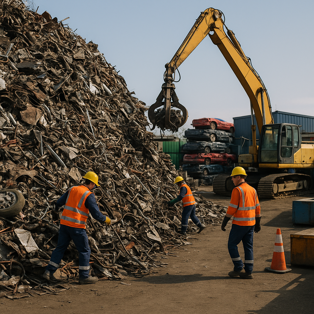 A large pile of scrap metal and cars at a recycling facility with heavy machinery in use and workers wearing safety vests under a clear sky.