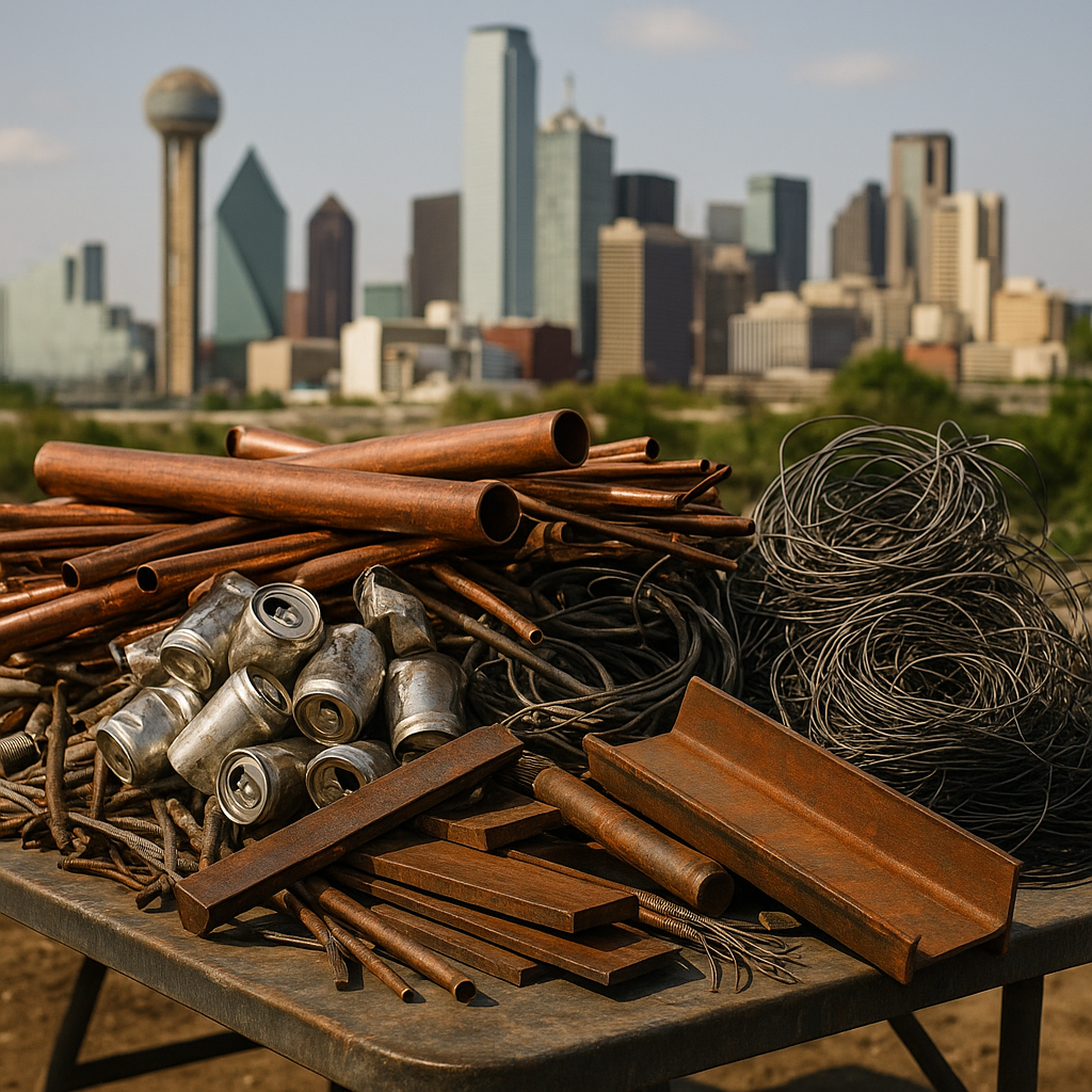 Variety of Scrap Metals with Dallas Skyline A variety of sorted scrap metals including copper pipes, aluminum cans, steel beams, and wires on a large table with the Dallas city skyline in the background under clear daylight.
