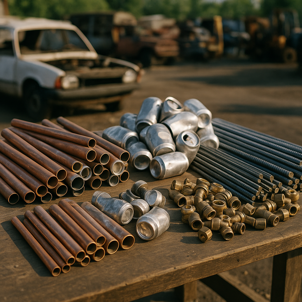 Sorted Scrap Metals on Workbench Neatly sorted scrap metals including copper pipes, aluminum cans, steel rods, and brass fittings on a workbench in daylight.