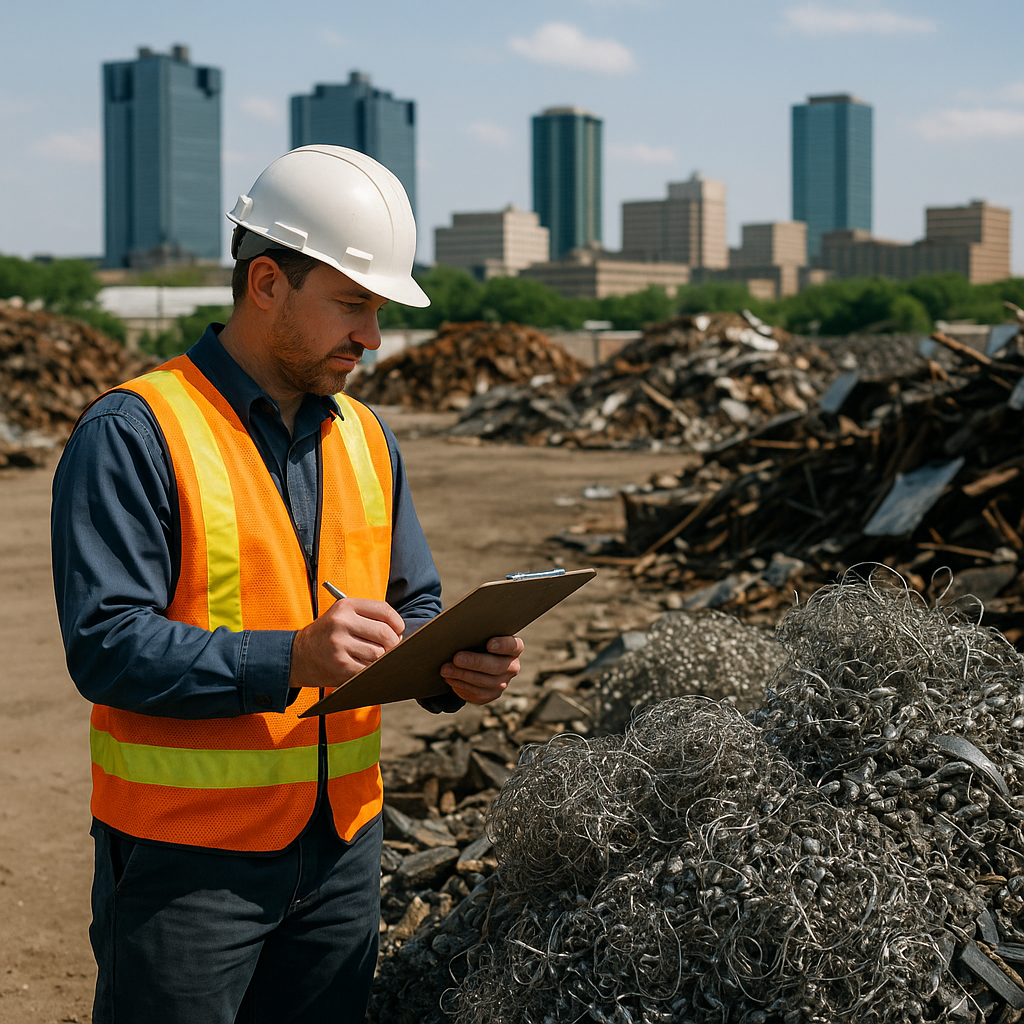 Scrapyard worker in safety vest inspecting titanium and metal turnings with clipboard against the Fort Worth city skyline.