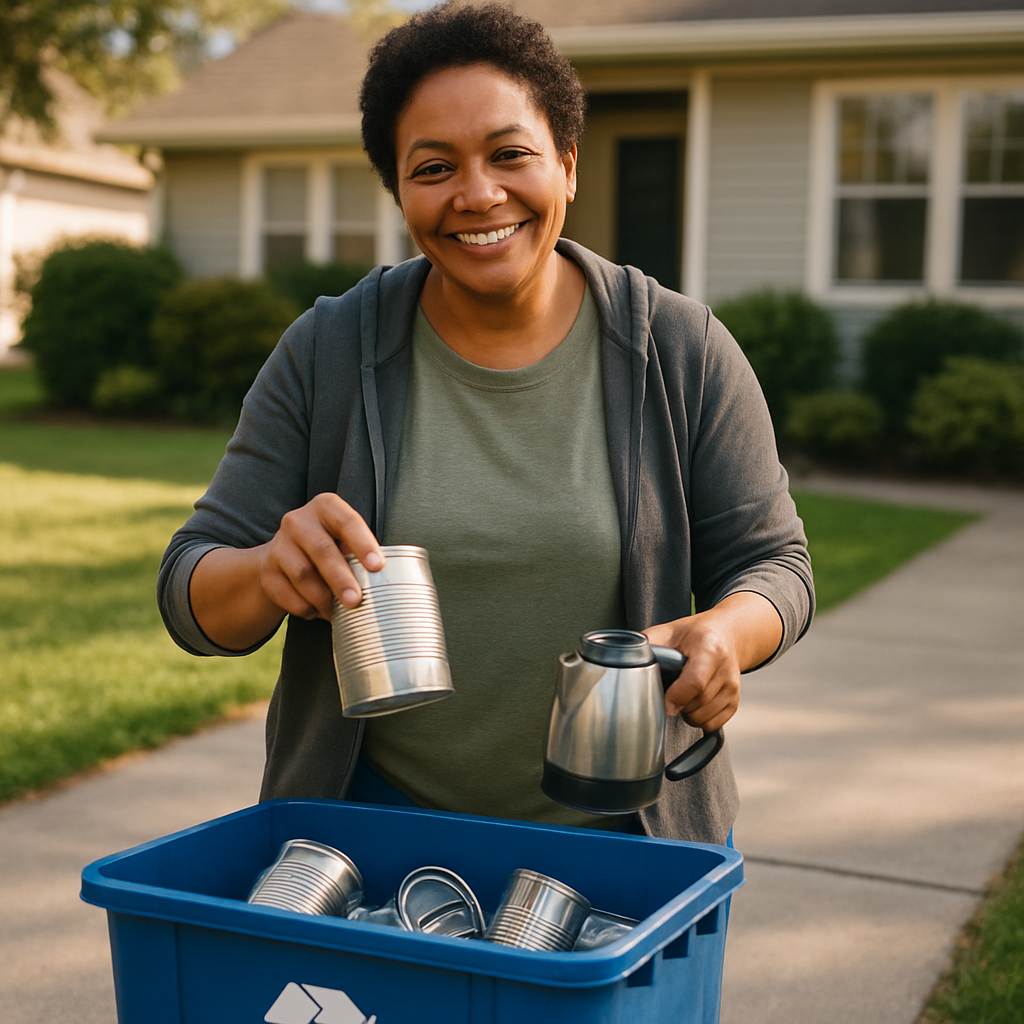 Recycling Sorting on Suburban Driveway Smiling person sorting metal cans and small appliances into a home recycling bin on a suburban driveway, with a tidy yard and house in the background.