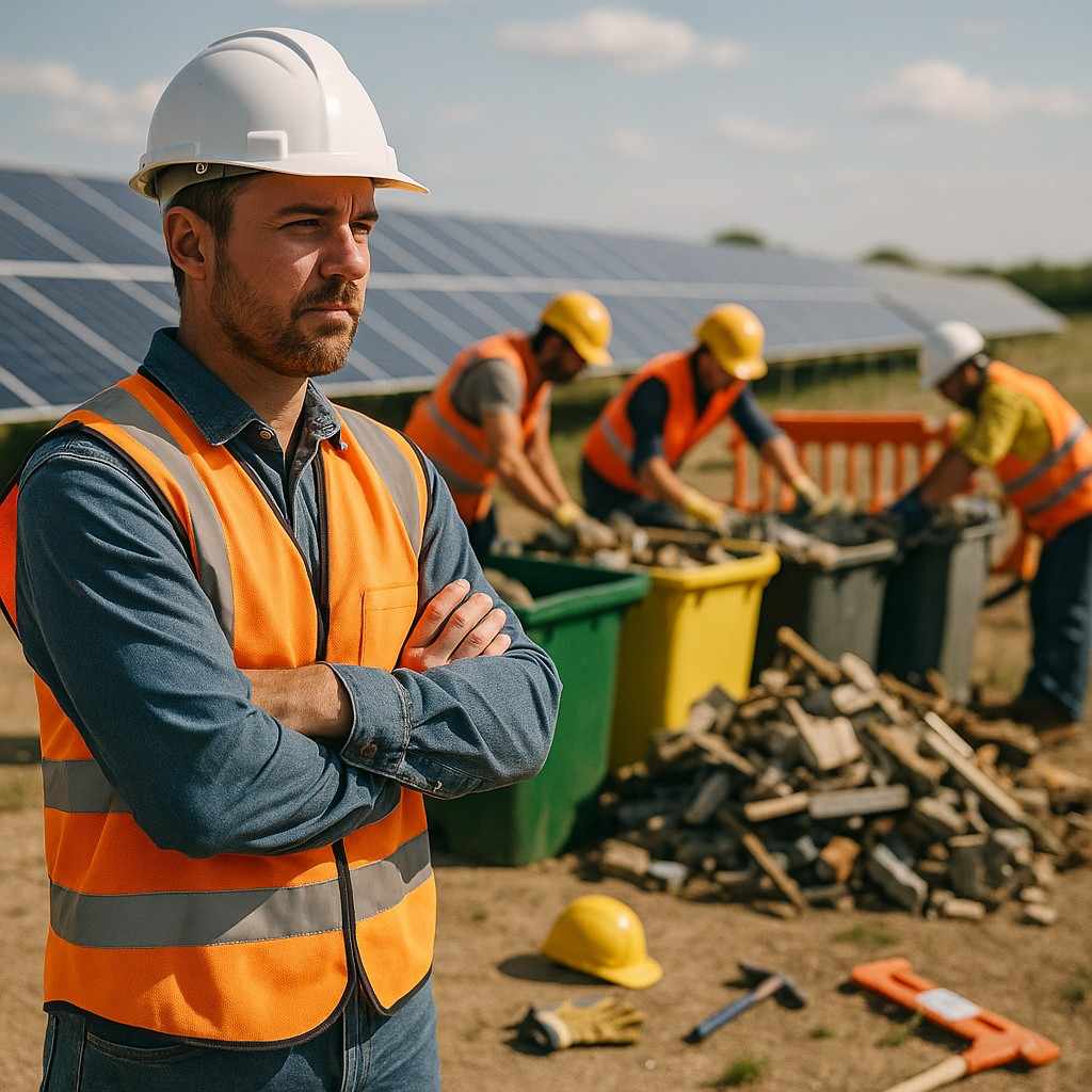Supervisor in a safety vest standing near workers at a solar farm site in Dallas, TX
