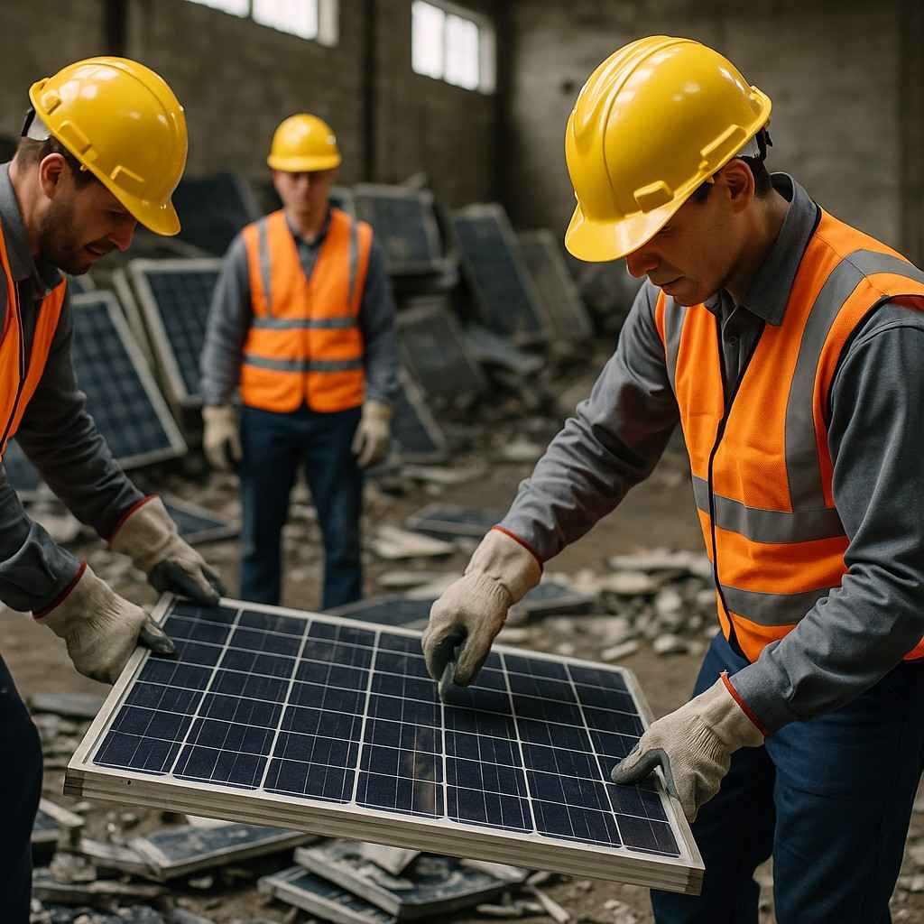 Workers in safety gear handling solar panels for the recycling process in Dallas, TX
