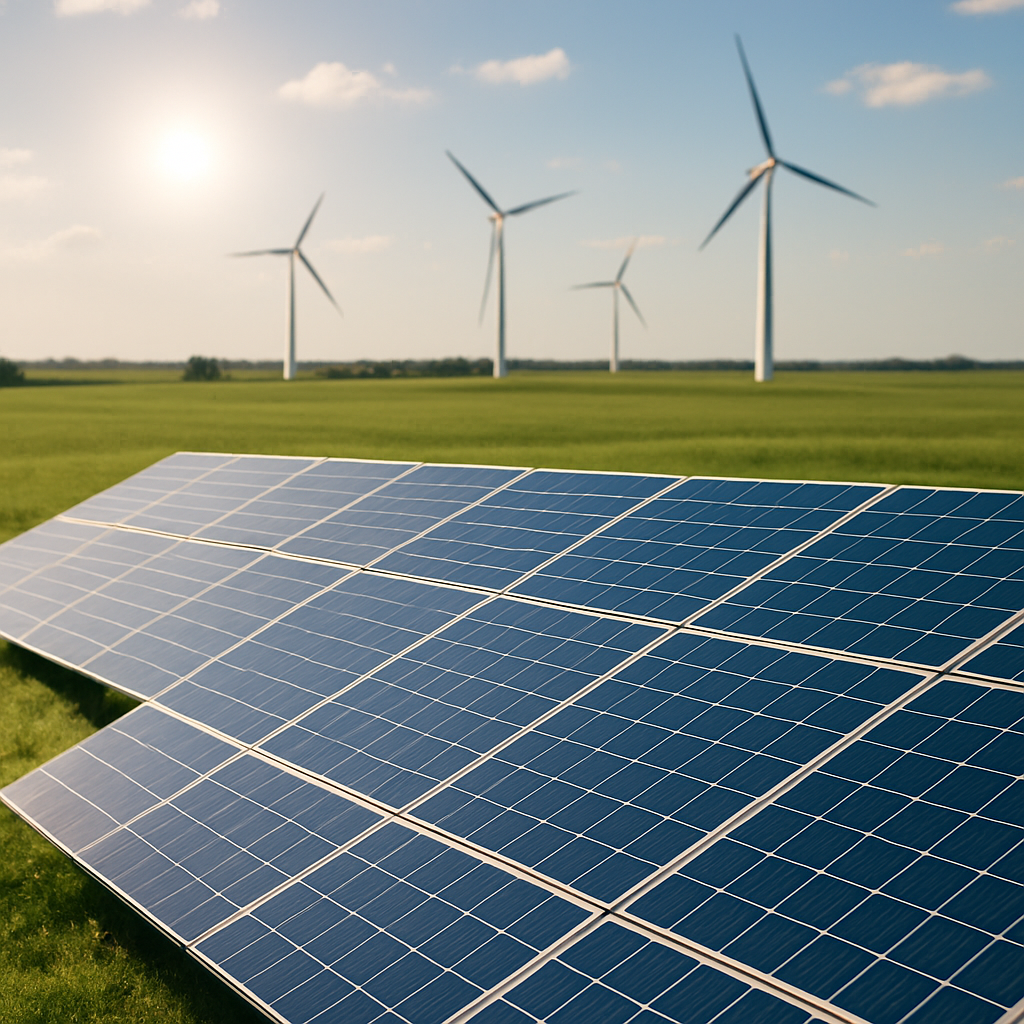 Texas Solar Panels and Wind Turbines Solar panels glistening under the Texas sun with wind turbines in the distance, surrounded by green fields