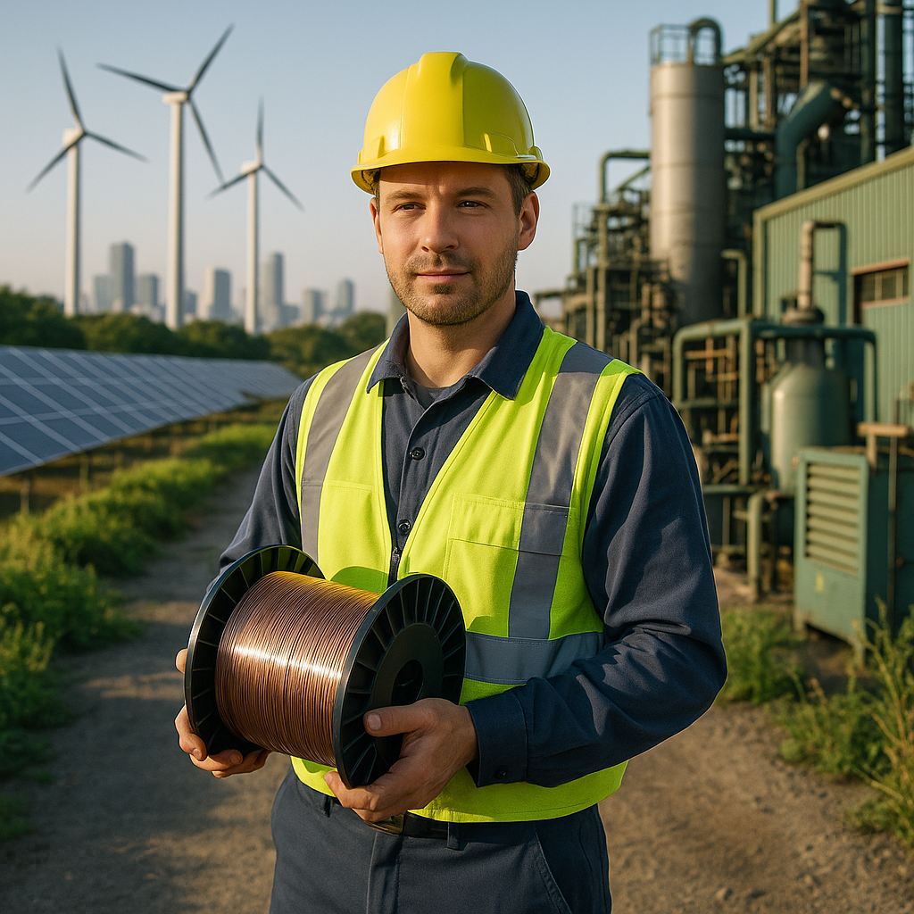 Renewable Energy and Recycling Technician holding a reel of recycled superconducting wire near solar panels and wind turbines with a clean city skyline in the background.