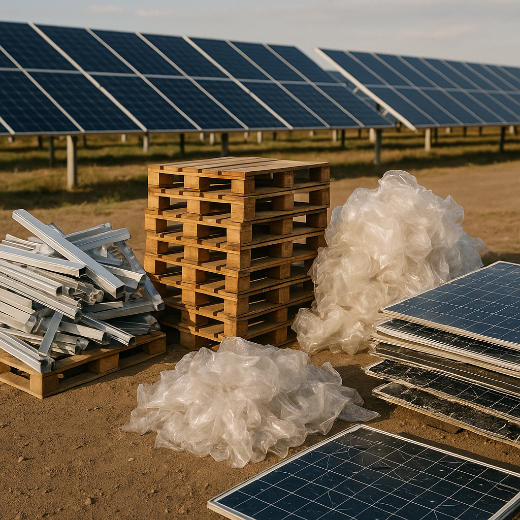 Discarded construction materials at a solar construction site, including metal frames, wood pallets, plastic packaging, and broken solar panels organized in separate piles.