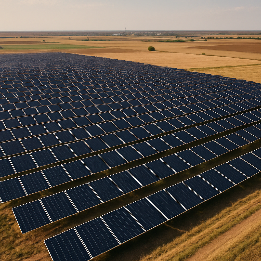 Aerial view of a large solar farm with hundreds of solar panels located in sunny Childress County, Texas, surrounded by farmland and a small town in the background.